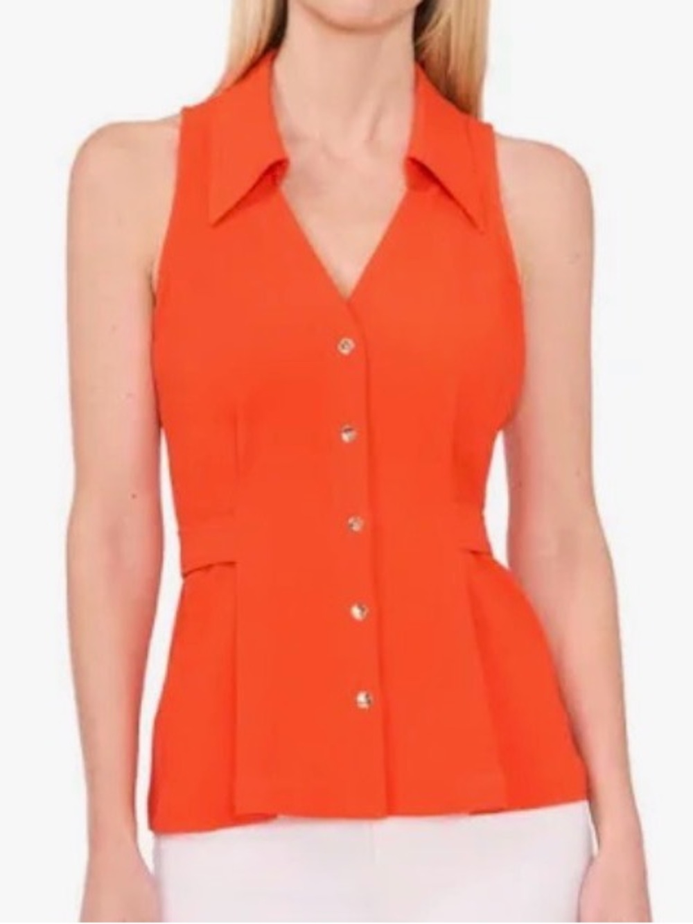 Cece Sleeveless Collared Button-Front Top in Bright Orange